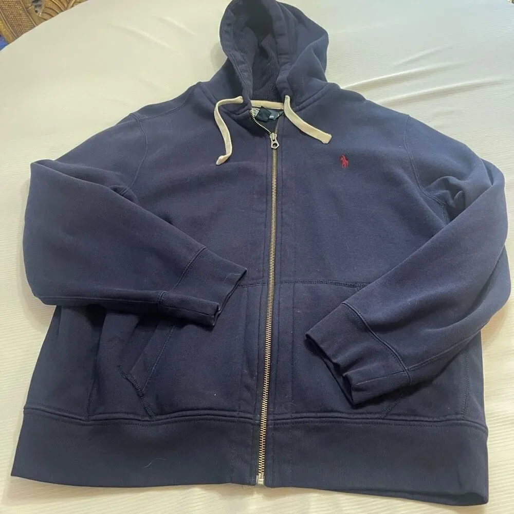 Polo Ralph Lauren Navy Blue Vintage Y2K Zip Up Jacket Hoodie Size XXL